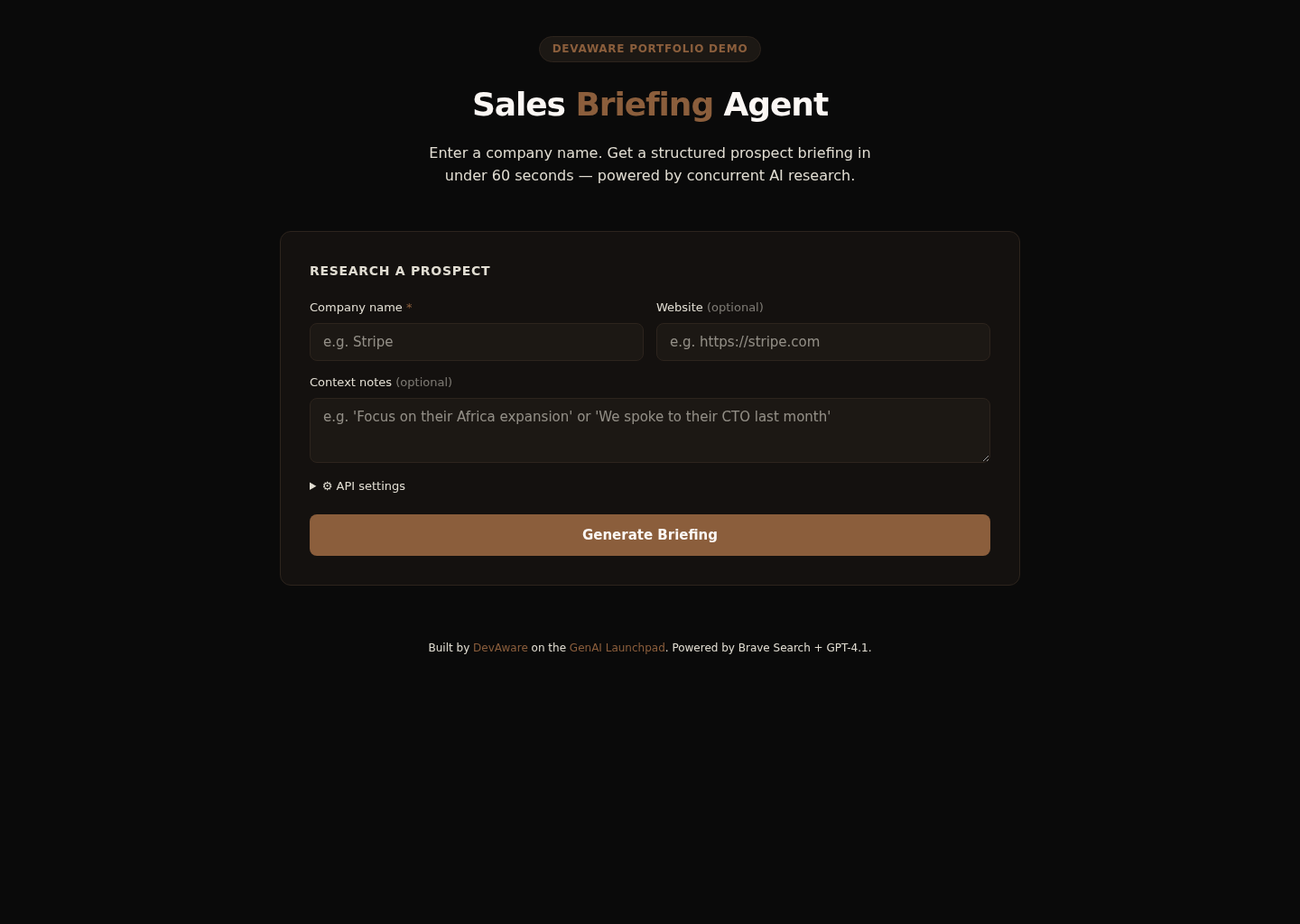 Screenshot van de Sales Briefing Agent output